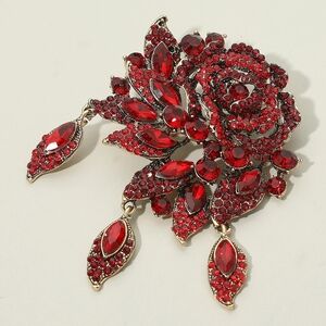 Red Rose Rhinestone Crystal 4.25 Inch Statement Bling Flower Brooch Pin